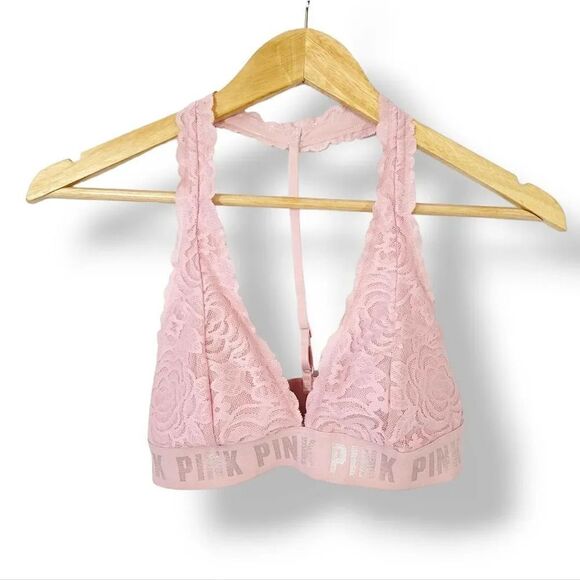 NEW Victoria's Secret Pink Lace T-Strap Logo Bralette in Pink Size Small - Picture 12 of 15
